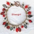 Flowers and Leaves Red Black Charm Bracelet