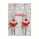 Single Stem Red Pink Glass Flower Earrings