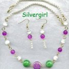 White Pearl Purple Green Bead Necklace Earring Set White Pearl Purple Green Bead Necklace Earring Set