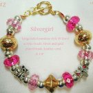 Large Holed SS Lined Bead Silver/Gold Plate Leather Bracelet Pink