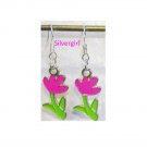 Hot Pink Green Flower Charm Dangle Earrings
