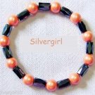 Magnetic Hematite Gemstone Stretch Bracelet Orange Blk