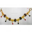 Large Holed SS Lined Lampwork Glass Bead Gold Plate Leather Bracelet Black Red