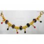 Large Holed SS Lined Lampwork Glass Bead Gold Plate Leather Bracelet Black Red