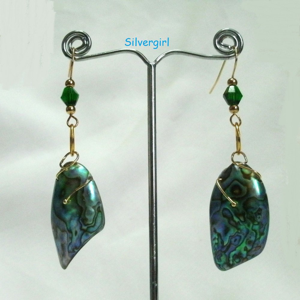 Beautiful Multi Coloured Paua Shell Green Crystal GP Earrings