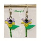 Single Stem Purple Yellow Flower Earrings
