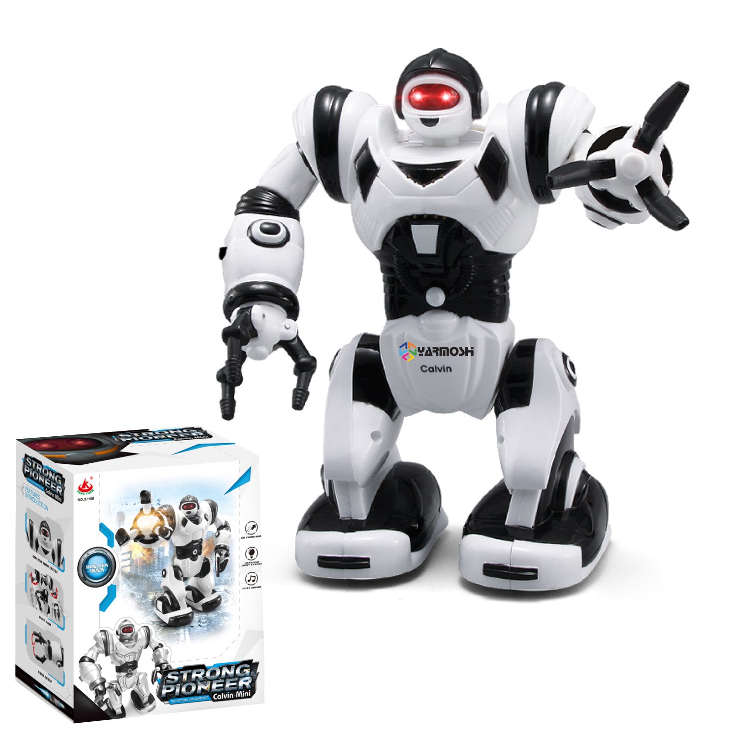 YARMOSHI Walking Robot Toy - Battery Operated, Flexible Moving Arms, Plays Music with Flashing Eyes.