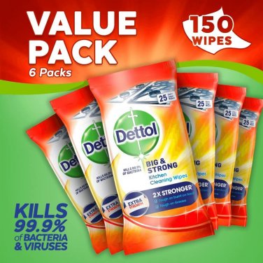 Dettol Kitchen Cleaning Wipes Bulk Big and Strong, 6 x 25 Wipes, 150 Wipes Total