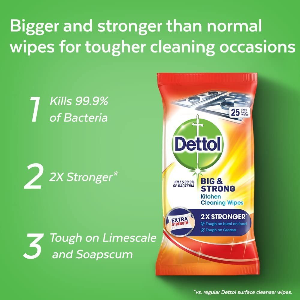 Dettol Kitchen Cleaning Wipes Bulk Big and Strong, 6 x 25 Wipes, 150 Wipes Total