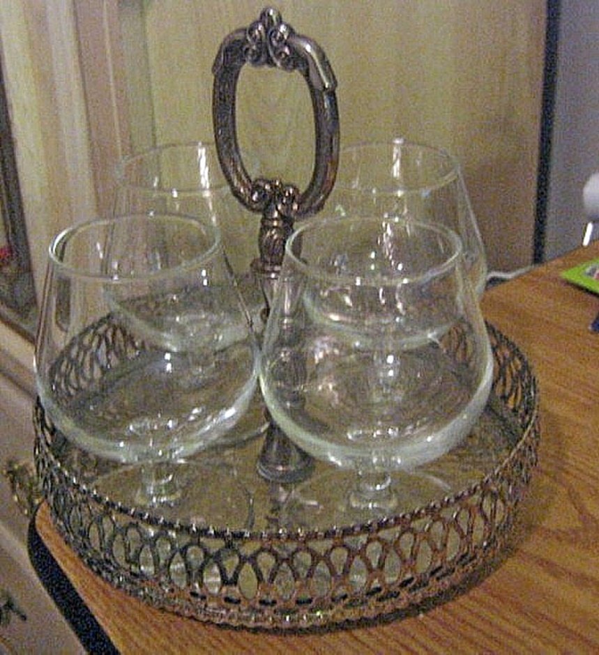 Four 1960's Clear Glass Cordial Pedestal Glasses with Silver Metal Tray