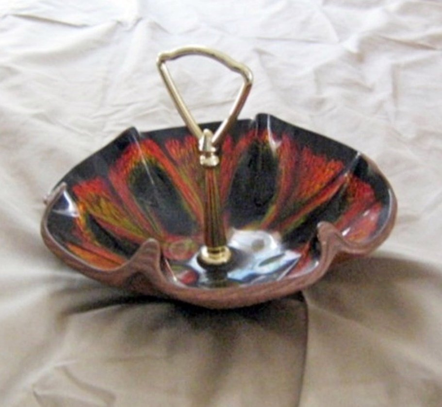 Vintage Brown Treasure Craft Candy Dish Colorful Interior and Center Handle   #164