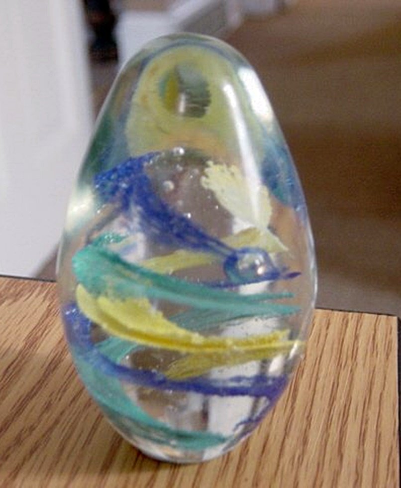 Clear Glass Egg Shaped Green Blue Yellow Swirls Paperweight #181