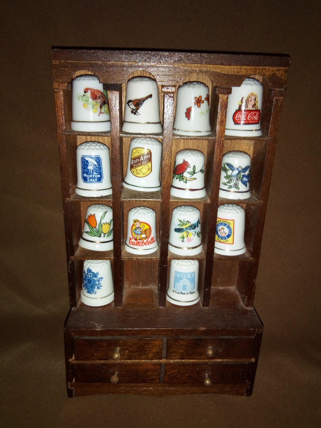 Vintage 1979 Enesco Wood Thimble Collection Wall Display with 14