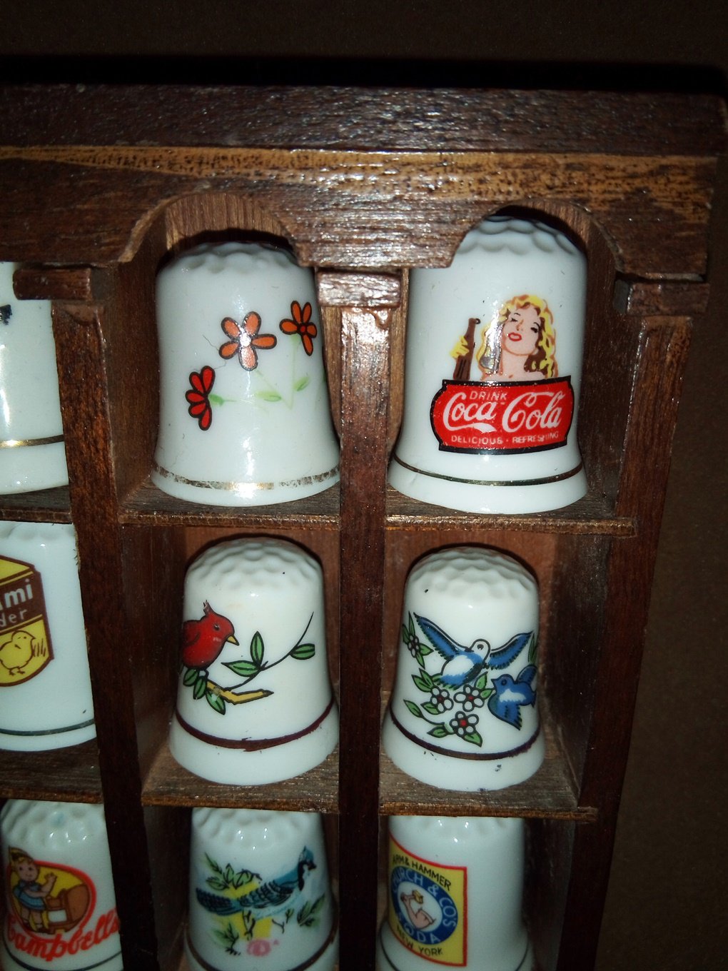 Vintage 1979 Enesco Wood Thimble Collection Wall Display with 14