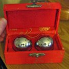 Asian Chinese Stress Relief Exercise Silver Metal Balls in Red Satin Box #288