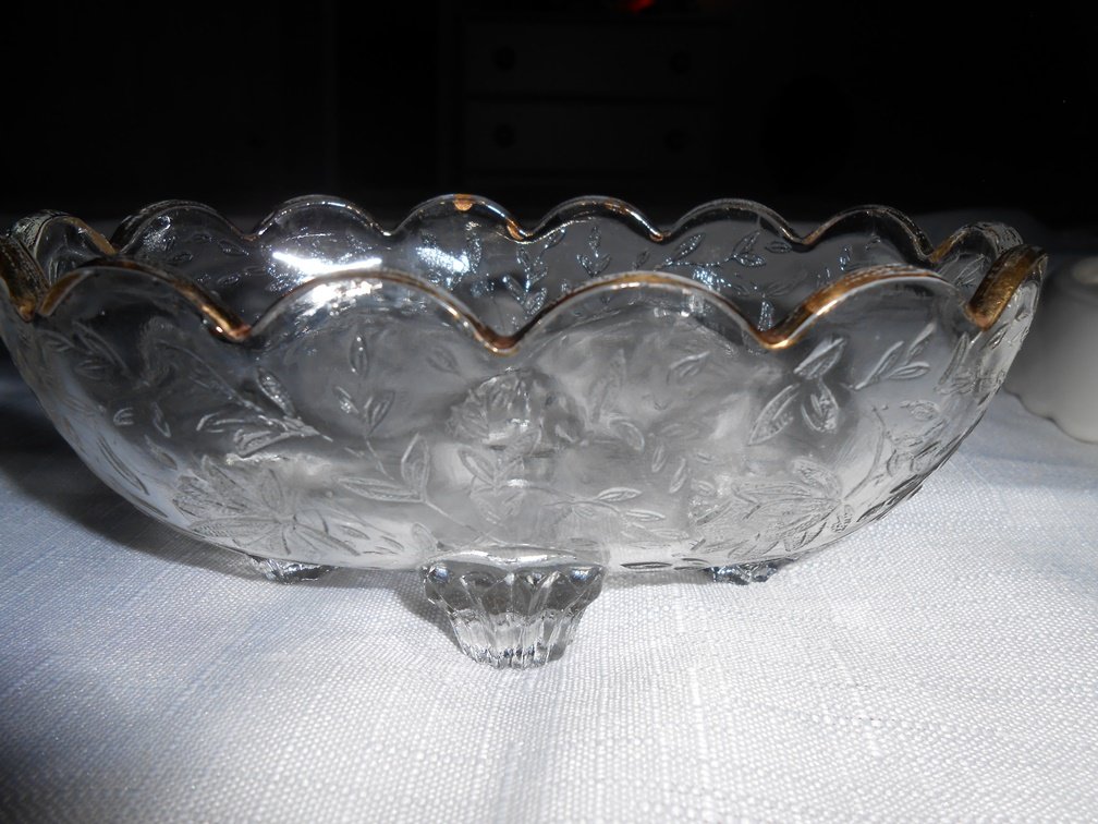Small Footed Bowl with Etched Flowers and Gold Fluted Trim  #165