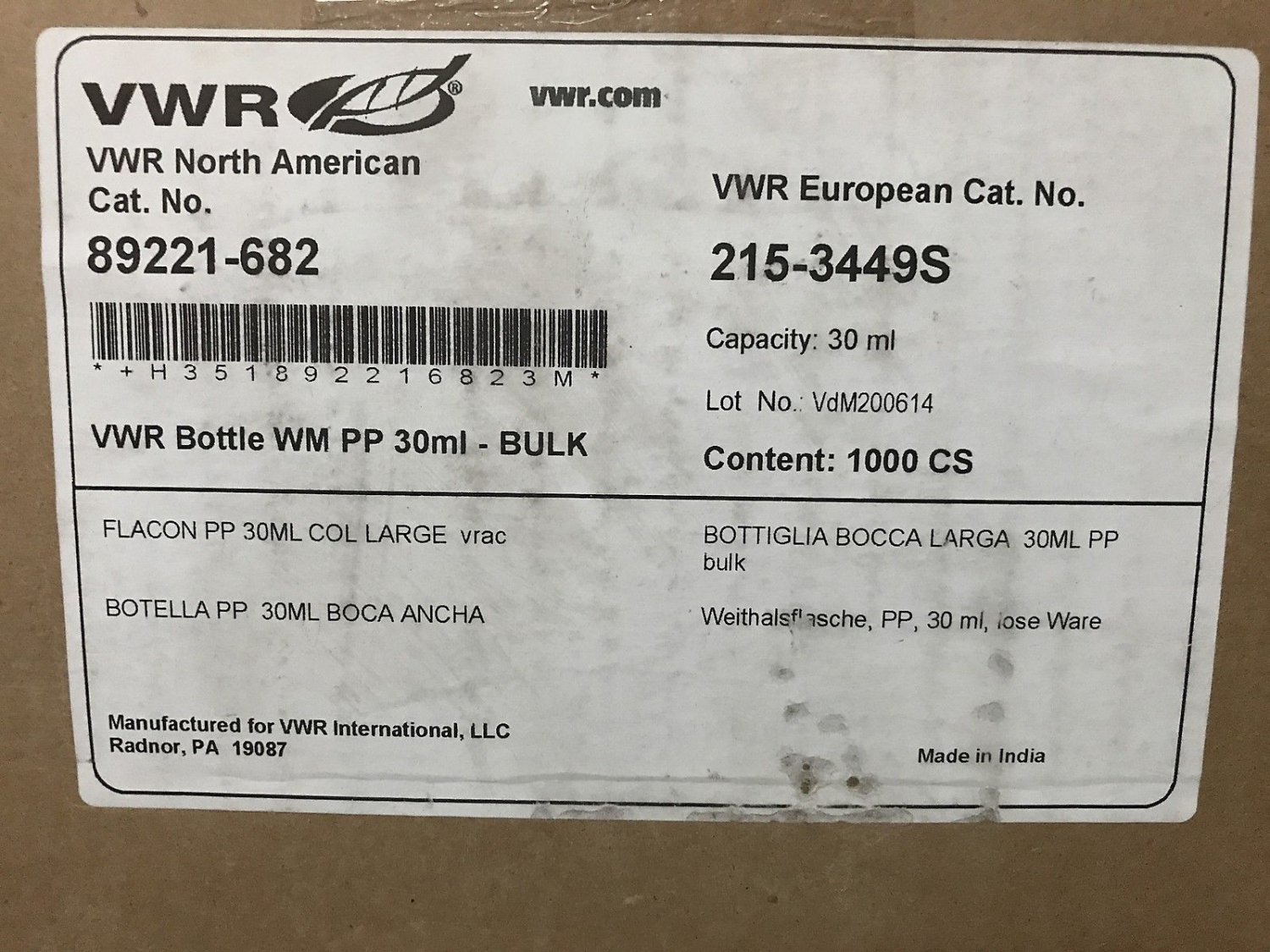 VWR 30mL Bottles 89221-682 Wide Mouth, Polypropylene with Caps - Case of 1000