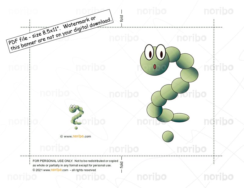 Card Green Worm Question Mark printable 8.5x11" PDF digital download animals