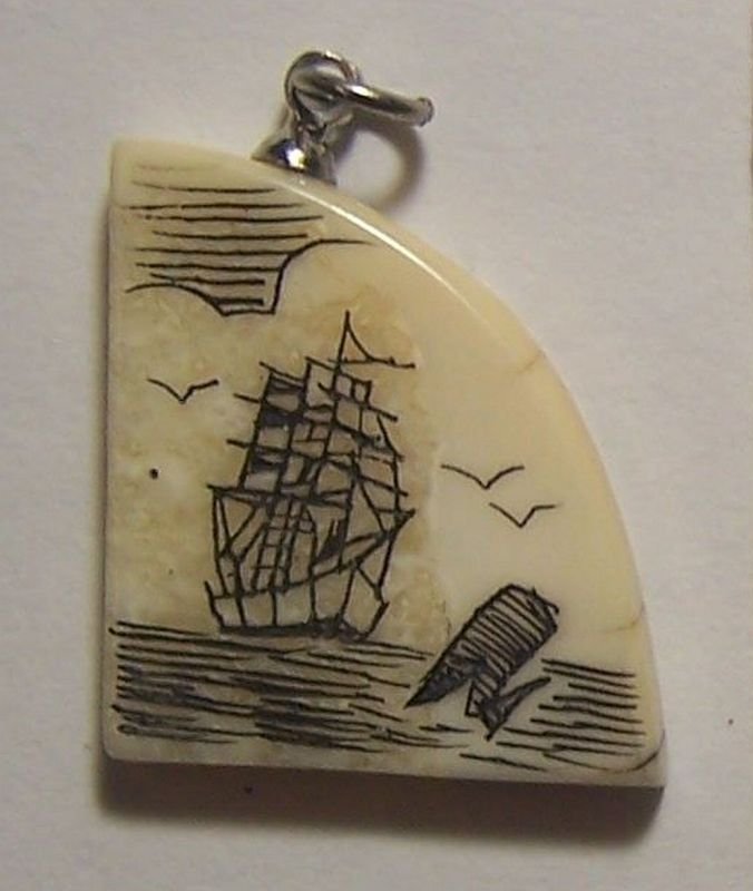 Authentic Scrimshaw Pendant / Charm Tall Ship Scene Hand Made Estate