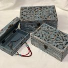 Handmade Hand Carved Wooden Set of 3 Box, Floral Motif Blue Rustic Distressed