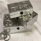 Handmade Hand Carved Wooden Set of 3 Box, Silver Decorative Storage Box.