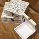 Handmade Hand Carved Wooden Set of 3 Box, Floral Motif White Golden Distressed Decorative