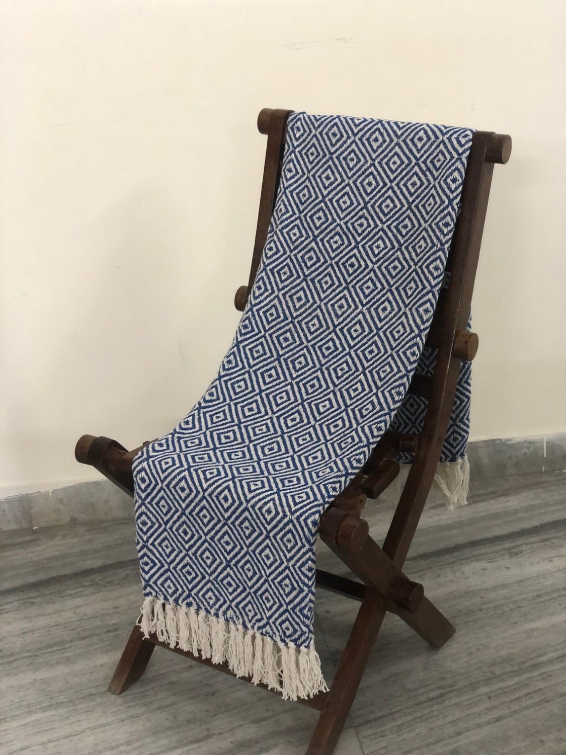 Cotton Decorative Blanket, Cozy Blue Throw Blanket, Diamond Throw and Tassel