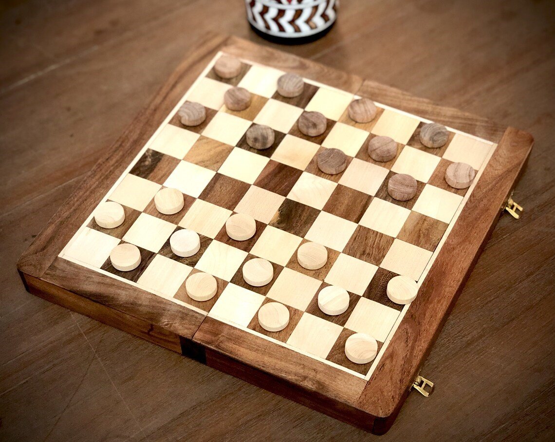 14" Wooden Draughts/ Checkers Set, Folding Travel Magnetic Checkers Board Game Set