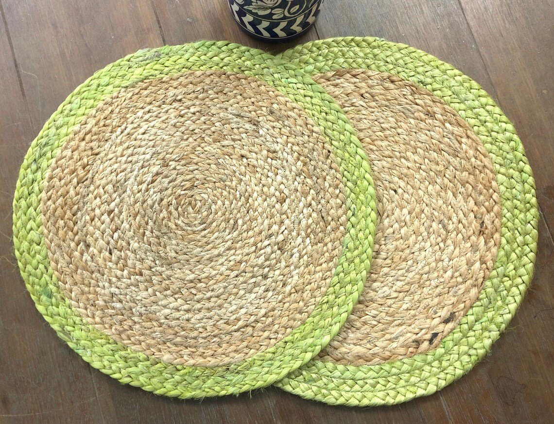 Natural Jute and Chartreuse Table Mats, Set of 4/6/8, Handmade Placemats, Jute Placemat, Decorative