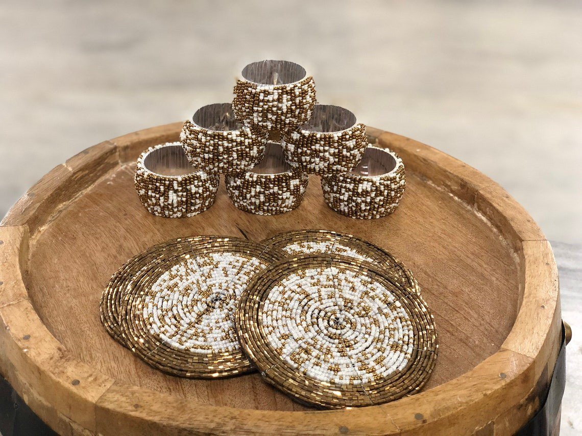 White-Gold Beaded Napkin Rings and Coasters, Set of 6/8/10/12, Napkin Rings