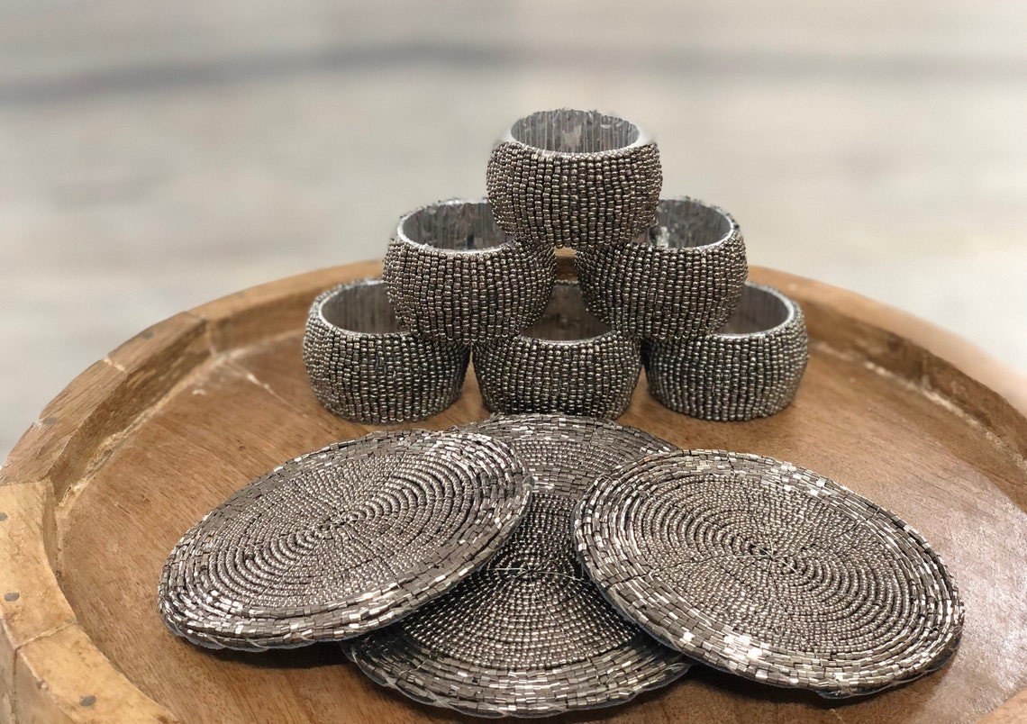 Grey Beaded Napkin Rings and Coasters, Set of 6/8/10/12, Napkin Rings
