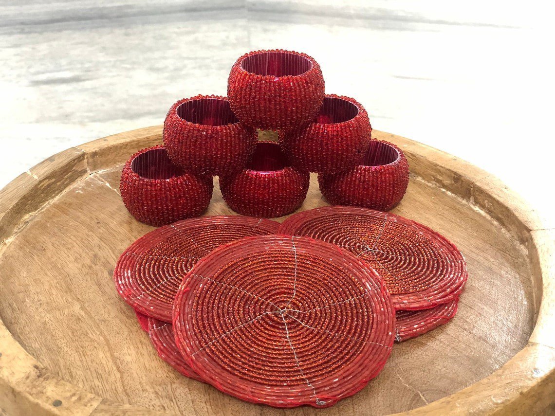 Red Beaded Napkin Rings and Coasters, Set of 6/8/10/12, Napkin Rings