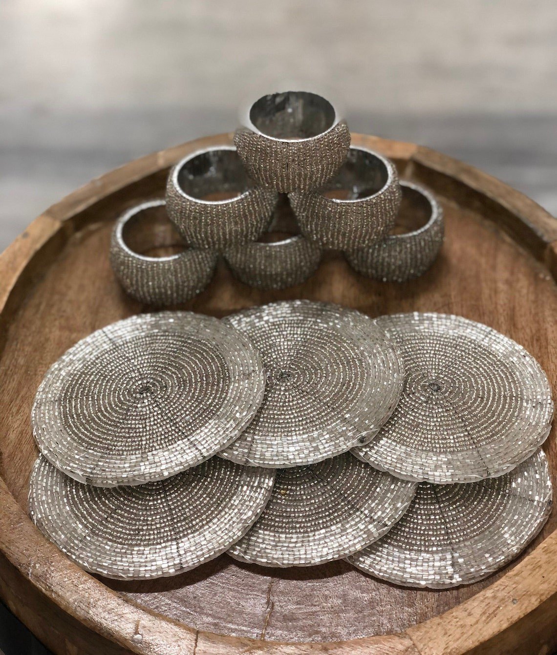 Silver Beaded Napkin Rings and Coasters, Set of 6/8/10/12, Napkin Rings