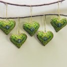 Set of 5 Christmas Ornaments, Holiday Decor, Handmade Hanging, Green Hearts