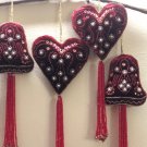 Set of 6 Heart and Bell Christmas Ornaments, Holiday Decor,Handmade Xmas Hanging