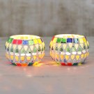 Handmade Colorful Glass Mosaic Tealight Holders from India (Pair)