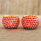 Handmade Red Star Glass Mosaic Tealight Holders (Pair), "Burning Stars