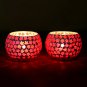 Handmade Red Star Glass Mosaic Tealight Holders (Pair), "Burning Stars