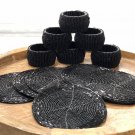 Black Beaded Napkin Rings and Coasters Set, Set of 6, Halloween Table Setting