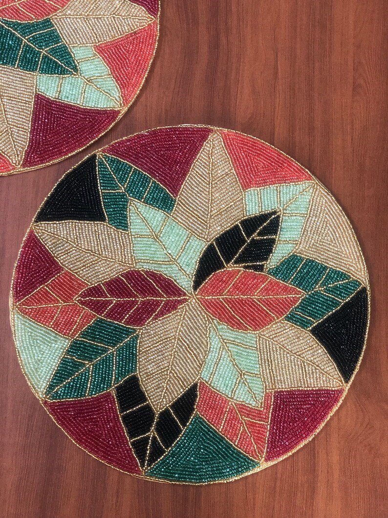 Colorful Leafy Round Beaded Placemats, Set of 2/4 Handmade Beaded Mats, CentrePiece, Charger