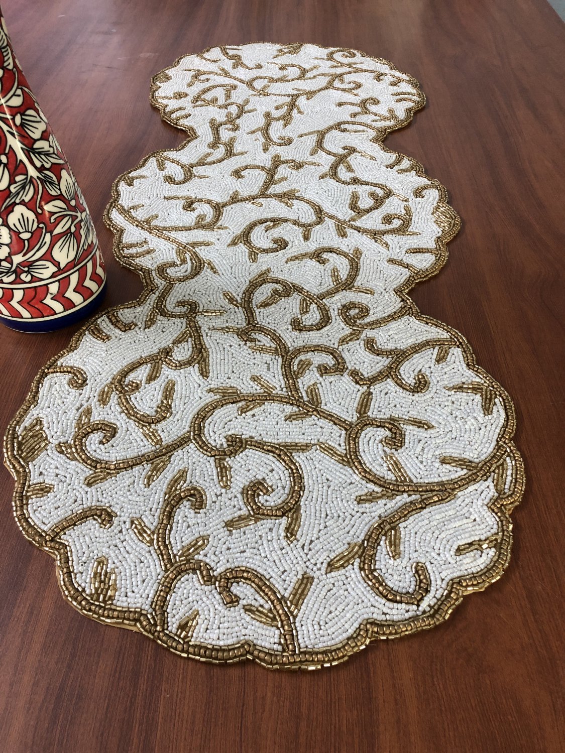 Handmade Beaded Table Runner ,13x60 Inches, White Gold, Housewarming Gift