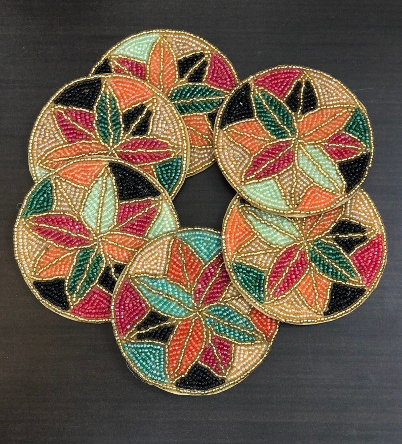 Floral Multicolored Beaded Coasters, Housewarming present, Set of 6, 4 Inches