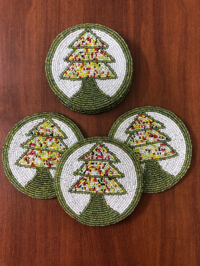 Christmas Tree Glass Beaded Coasters Set, Handmade Beaded Coasters, Decorative Coasters