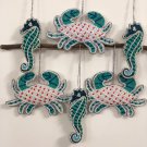 Crab Seahorse Sea Animals , Set of 6 Green White Beaded Christmas Decorative, Holiday Decor