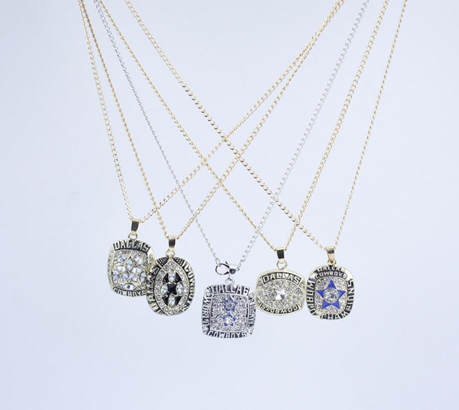 A Set Dallas Cowboys Super Bowl Championship Pendants With Chain 5Pcs Nice Gift