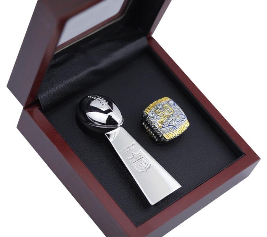 Denver Broncos 2015 Super Bowl Championship Ring & Trophy & Display Box Fans Gift