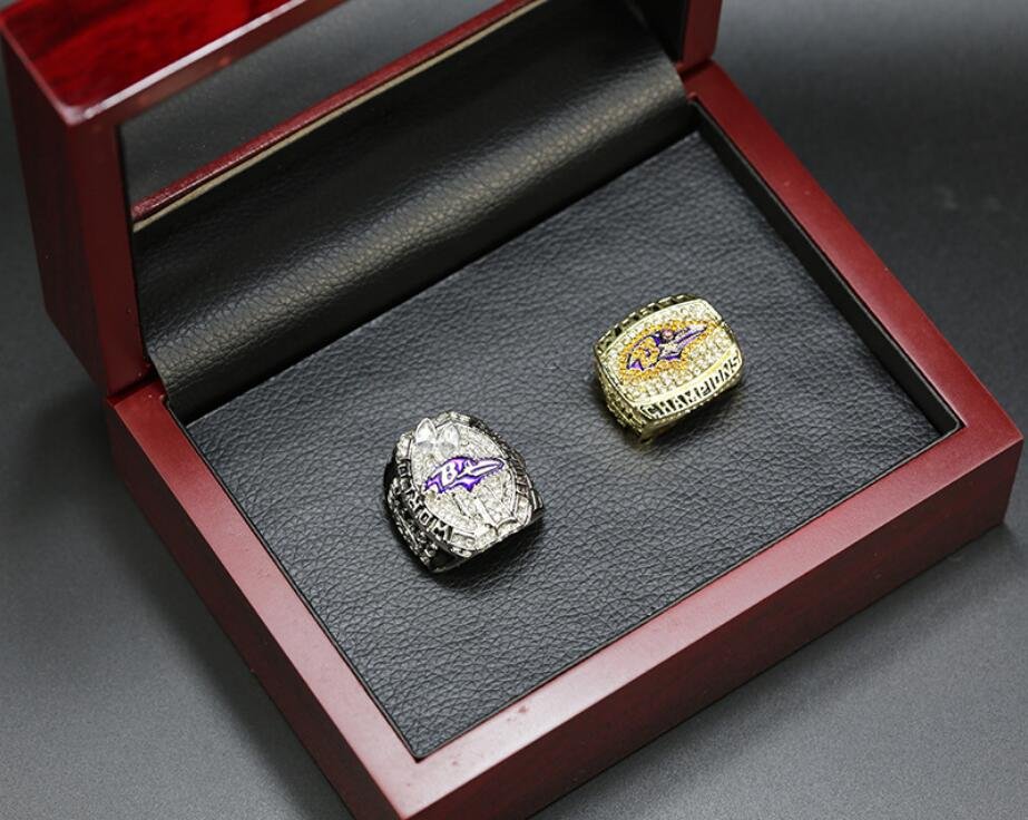 A Set Baltimore Ravens 2000 2012 Super Bowl Championship Rings With Wooden Display Box