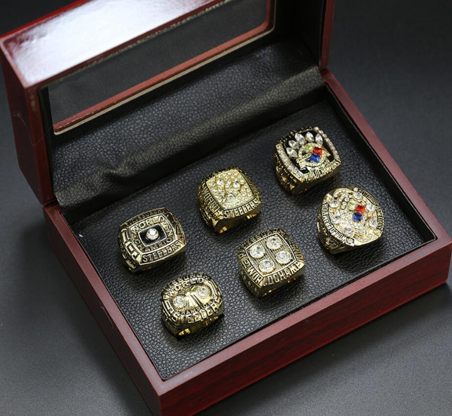 A Set Pittsburgh Steelers Super Bowl Championship Rings 6Pcs With Wooden Display Box Fans Gift
