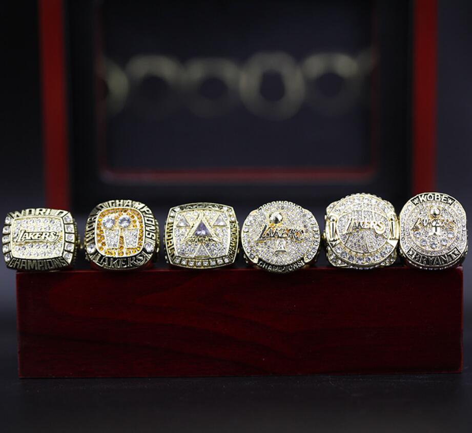 A Set Los Angeles Lakers Kobe Bryant Basketball Championship rings 6Pcs With Wooden Display Box