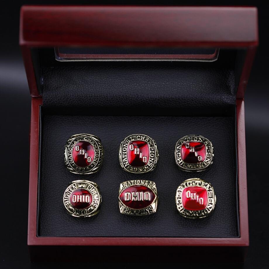A Set Ohio State Buckeyes National Championship rings 6Pcs With Wooden Display Box